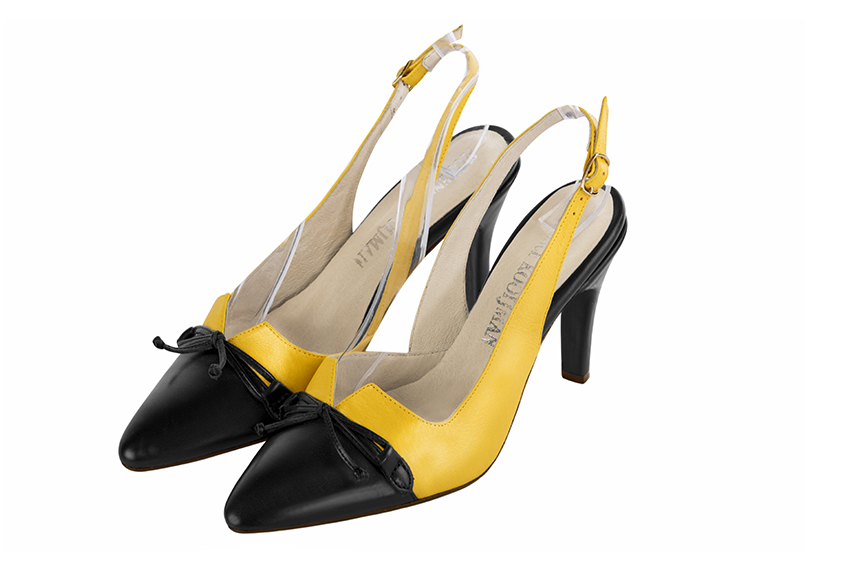 Satin black and yellow women's open back shoes, with a knot. Tapered toe. High slim heel. Front view - Florence KOOIJMAN